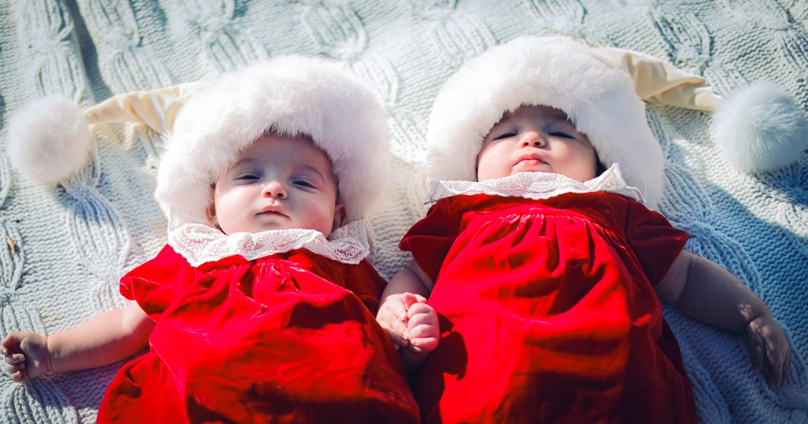 Twin babies in red velvet dresses and santa hats